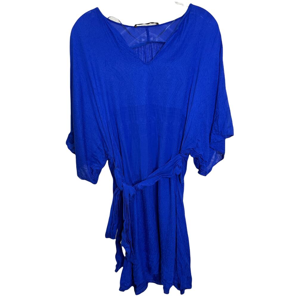ZARA Women's Blue Kimono Style Jacquard Tunic Dress Long Top Sash‎ Belt V-Neck S